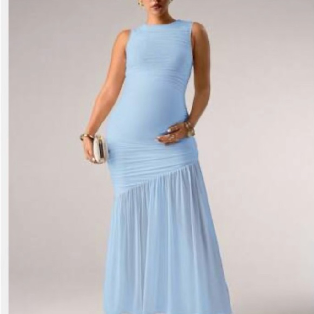 Sleeveless Light Blue Maxi Dress with Ruched Waist